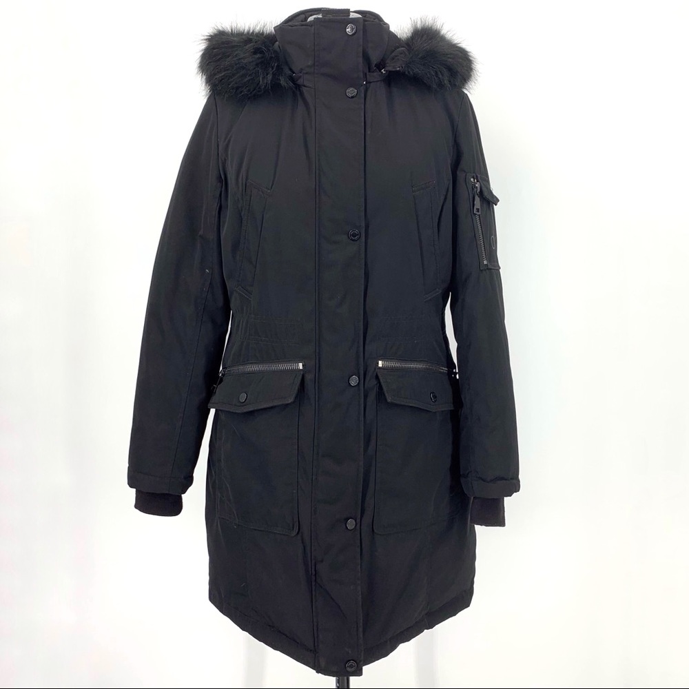 Calvin Klein Black Down and Waterfowl Feather Parka with Removable Hood, Medium